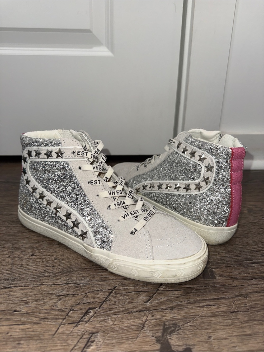 Vintage Havana Silver Glitter High-Top Sneakers with Pink Heel Panel